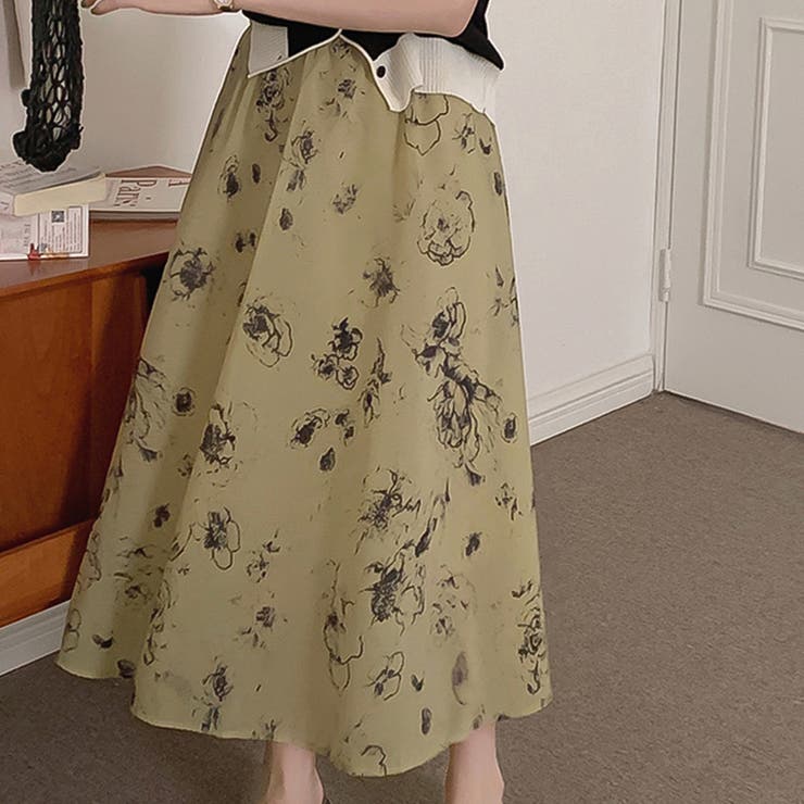 グリーン | 大人可愛い花柄。フレアシフォンロングスカート | Girly Doll