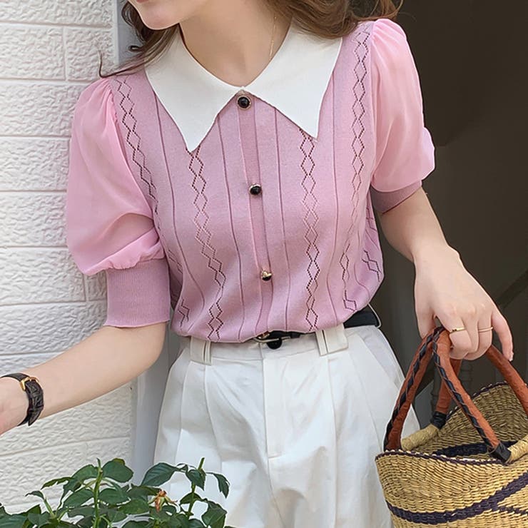 【美品】エムズグレイシー 襟付き半袖ニット パフスリーブ カメリアファスナー 美品】エムズグレイシー 襟付き半袖ニット パフスリーブ