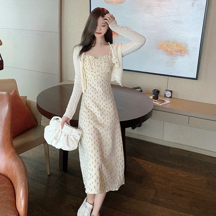 韓国 2点セット カーディガン 花柄 シフォンキャミワンピ ドレス セットアップ 2点 カーディガン 花柄 シフォン キャミ