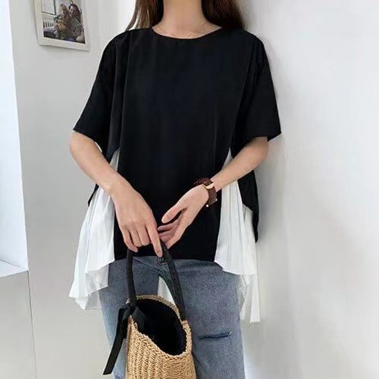 イレギュラーヘムプリーツシフォンドッキング半袖トップス【韓国ファッション】 | Girly Doll | 詳細画像1 