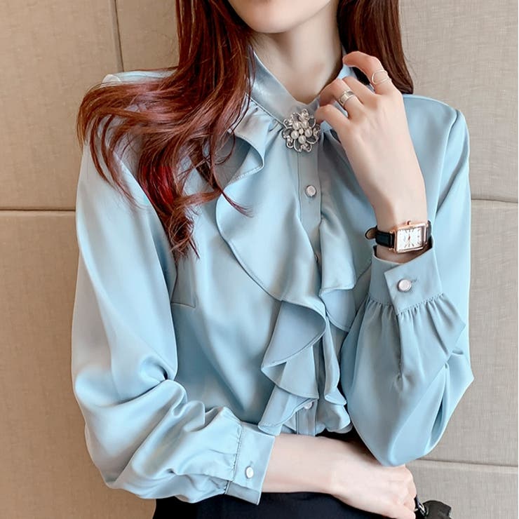 スタンドカラーフリルブラウスシャツ【韓国ファッション】[品番