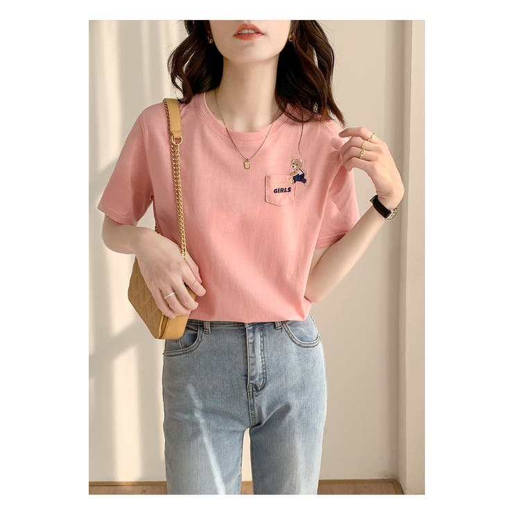 ワンポイントポケット刺繍Tシャツ【韓国ファッション】[品番