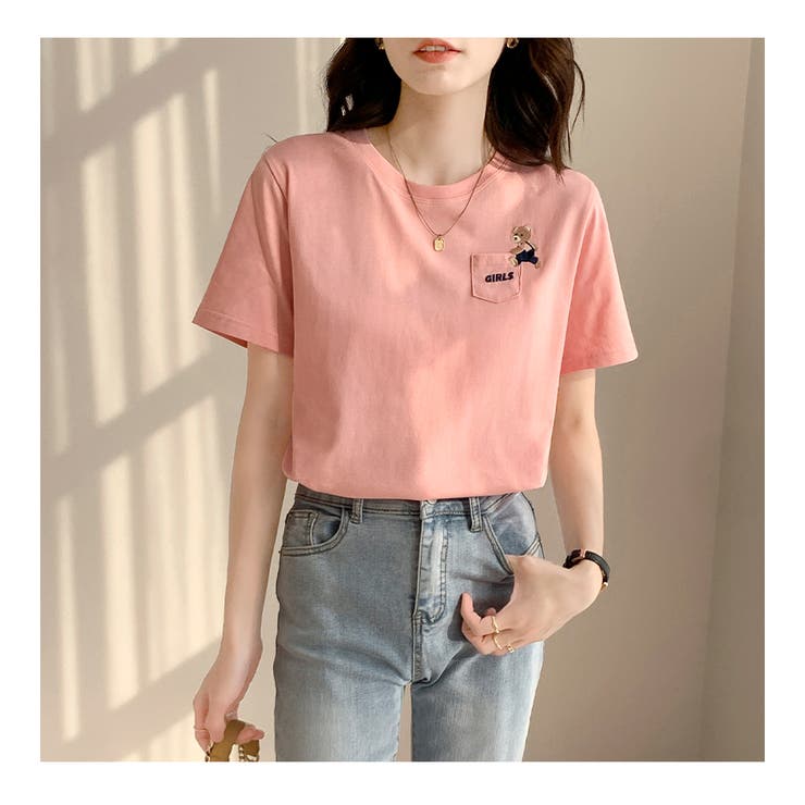 ワンポイントポケット刺繍Tシャツ【韓国ファッション】[品番