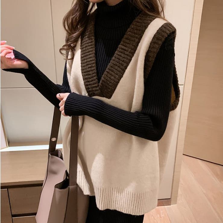 バイカラーVネックニットベスト【韓国ファッション】[品番