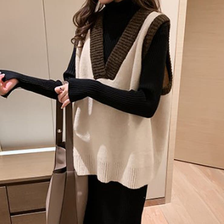 バイカラーVネックニットベスト【韓国ファッション】[品番