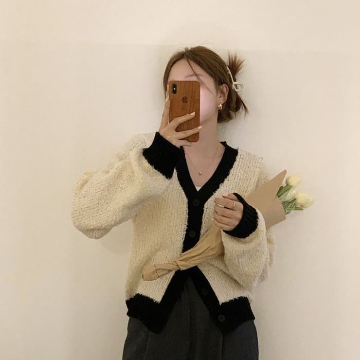 お洒落 綺麗め 韓国スタイル バイカラー ニット カーディガン レディース ニット 秋冬 長袖 バイカラー 韓国スタイル バイ