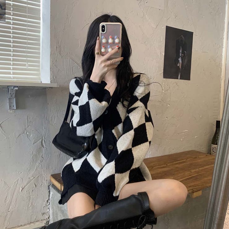 Vネックアーガイルニットカーディガン【韓国ファッション】[品番