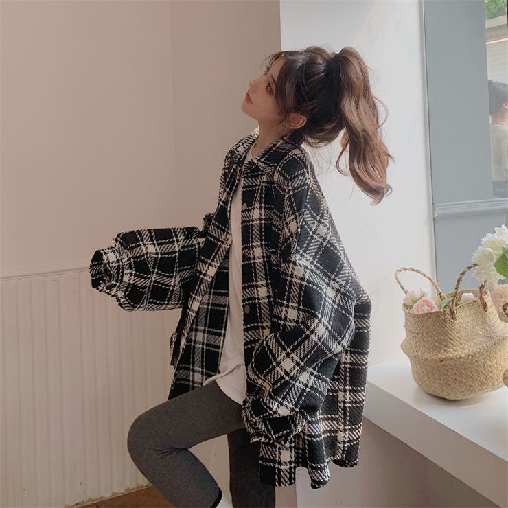 チェック柄オーバーサイズシャツ【韓国ファッション】[品番
