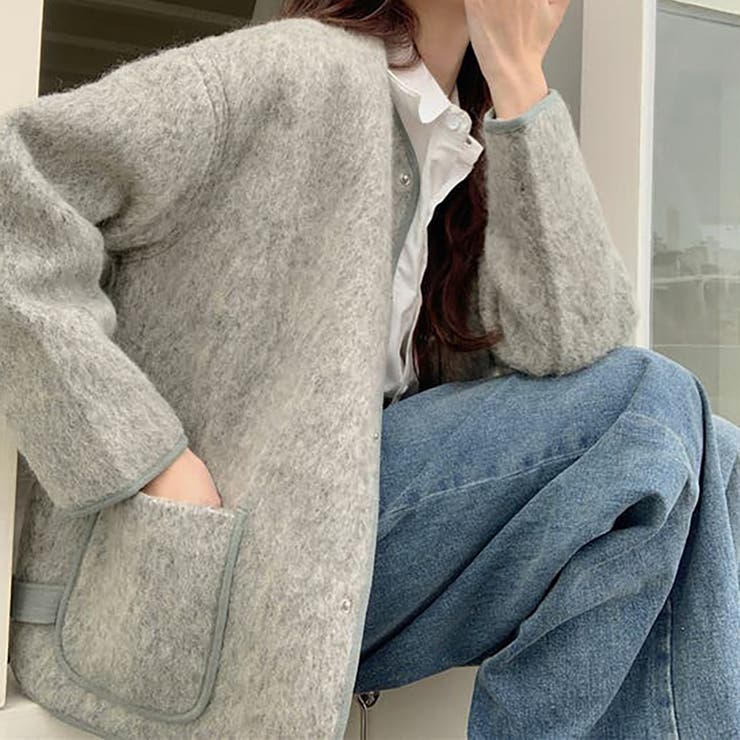 ROLIAT ロリエット　ノーカラージャケット　グレー　ウール　カシミヤ　韓国 ROLIAT ロリエット ノーカラージャケット グレー ウール カシミヤ 韓国