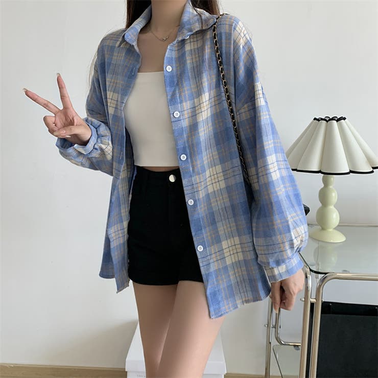 バンドカラー チェック柄 ネルシャツ ストリート 春 韓国 hr8014 org.jpg