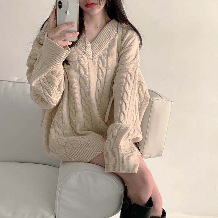 ケーブルニット 長袖 セーター ルーズ Vネック 韓国系 b5475 Vネックケーブルニットセーター【韓国ファッション】[品番
