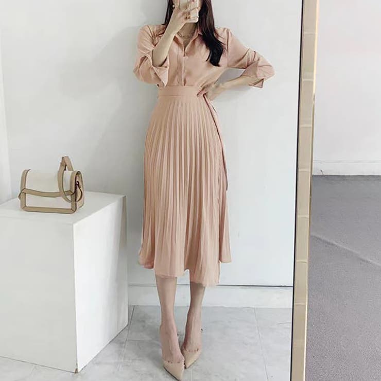 ウエストベルトプリーツシャツワンピース【韓国ファッション