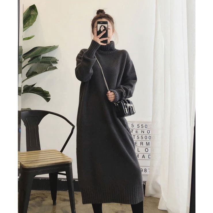 ダークグレー | ハイネックニットワンピース【韓国ファッション】 | Girly Doll