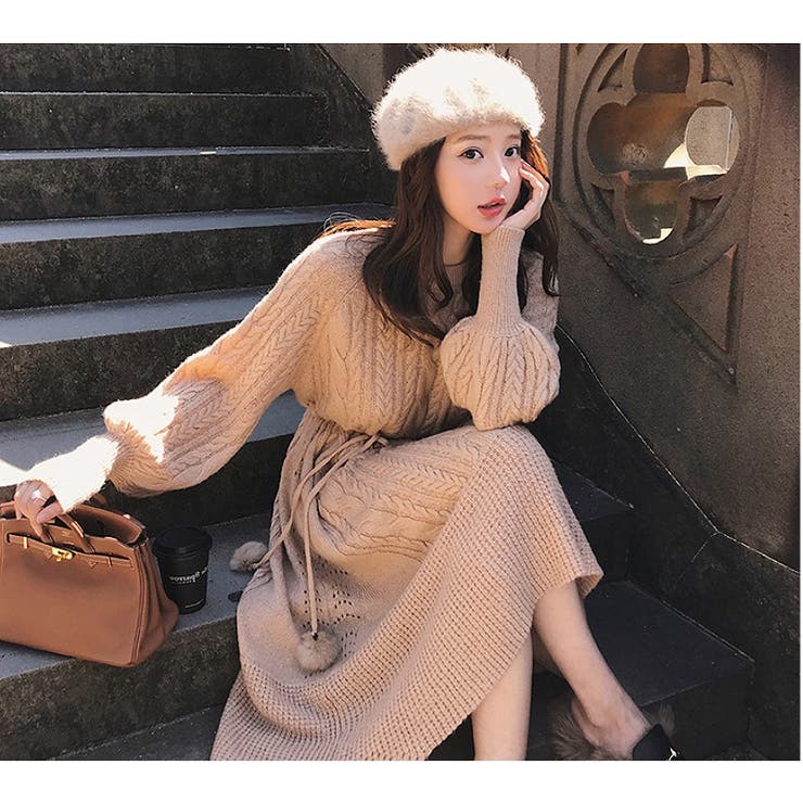 大人気?ざっくりケーブルニットワンピース 韓国 秋服 冬服 ニット ワンピー~ ケーブルニットワンピース【韓国ファッション】[品番：ZJ000010500