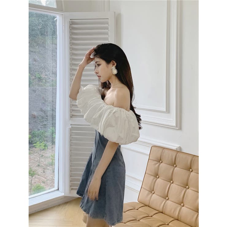 オフショルダー デニム プリーツ ワンピース フリル 綺麗め 韓国 gsy21s679-a01.jpg