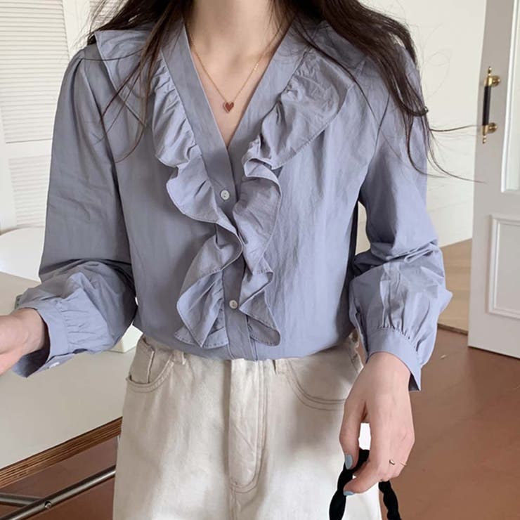 【Y10】BORDERSatBALCONY Vネックフリルブラウスシャツ Fit more ブラウス シャツ Vネックフリンジドットペプラム