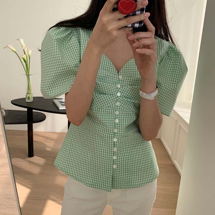 Vネックボリュームパフスリーブレトロ小花柄半袖ブラウスシャツ | Girly Doll | 詳細画像13 