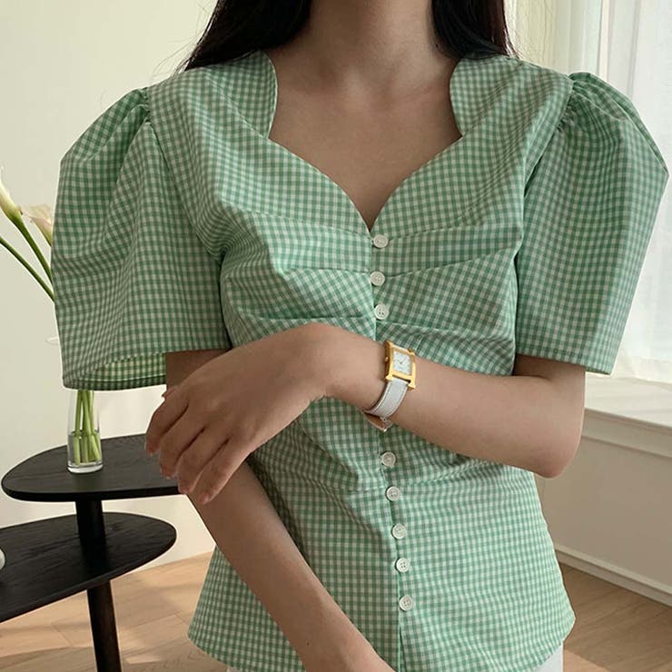 Vネックボリュームパフスリーブレトロ小花柄半袖ブラウスシャツ | Girly Doll | 詳細画像17 