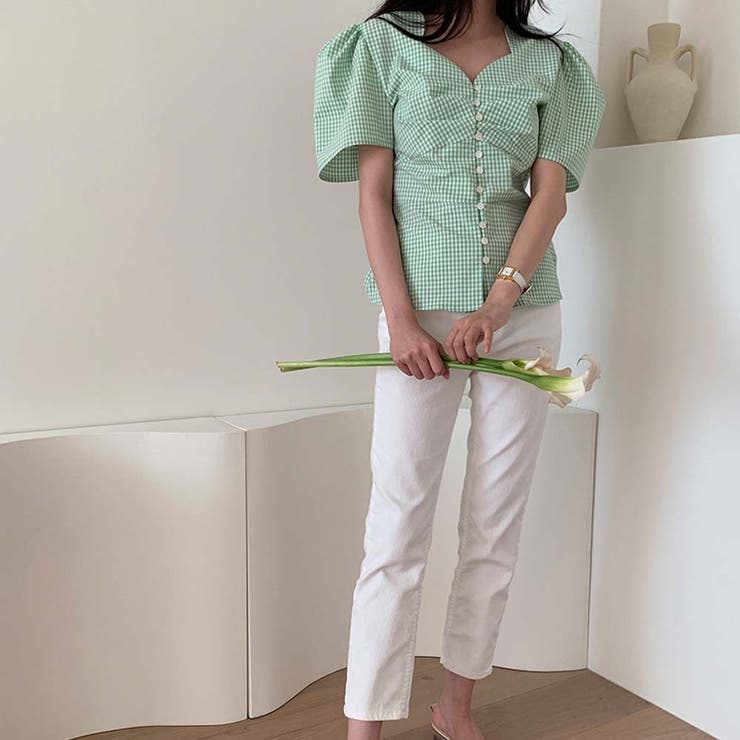Vネックボリュームパフスリーブレトロ小花柄半袖ブラウスシャツ | Girly Doll | 詳細画像18 