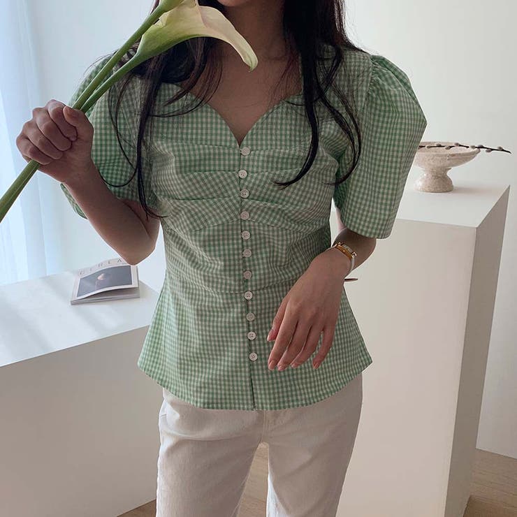 Vネックボリュームパフスリーブレトロ小花柄半袖ブラウスシャツ | Girly Doll | 詳細画像19 