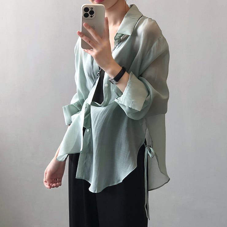 サイドリボンオーバーサイズシアーシャツ【韓国ファッション