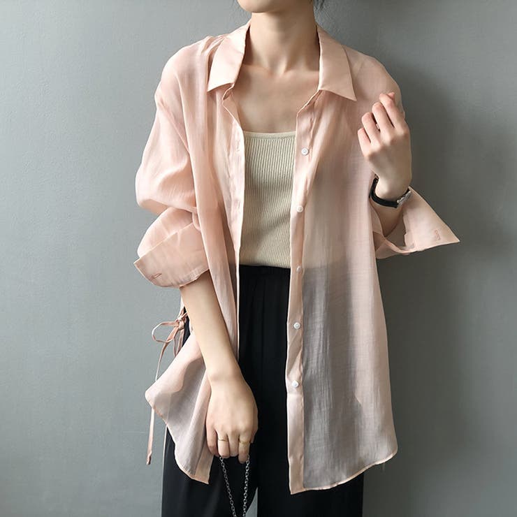 【AEAE】シャツ バック ベージュ ★韓国発★大人気 サイドリボンオーバーサイズシアーシャツ【韓国ファッション