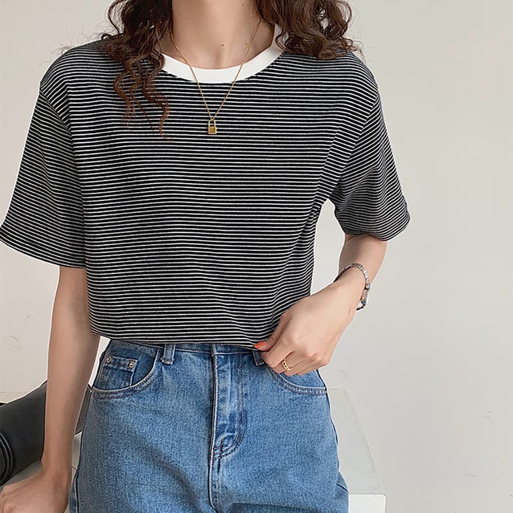 ラウンドネックカラーボーダーTシャツ【韓国ファッション】 | Doula Doula | 詳細画像4 