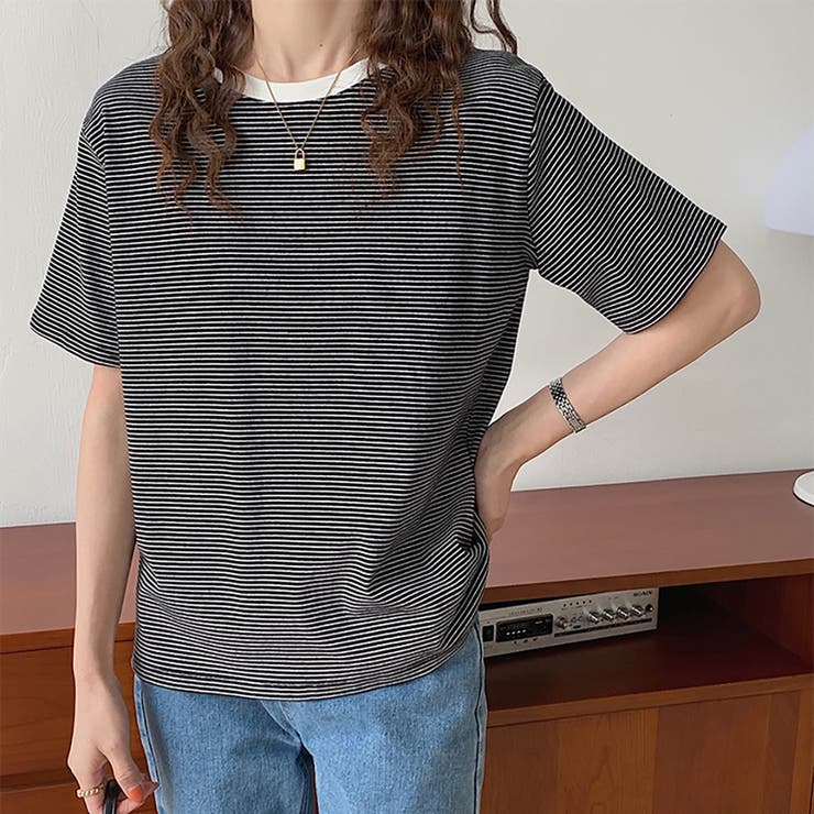 ラウンドネックカラーボーダーTシャツ【韓国ファッション】 | Doula Doula | 詳細画像5 