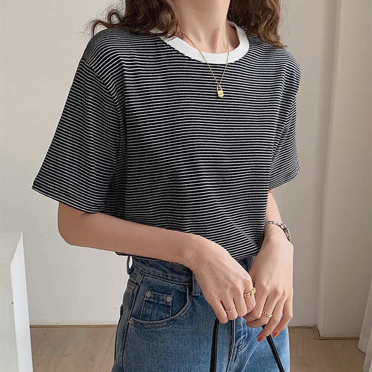 ラウンドネックカラーボーダーTシャツ【韓国ファッション】 | Doula Doula | 詳細画像6 