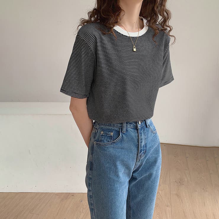 ラウンドネックカラーボーダーTシャツ【韓国ファッション】 | Doula Doula | 詳細画像7 