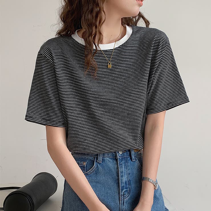 ラウンドネックカラーボーダーTシャツ【韓国ファッション】 | Doula Doula | 詳細画像8 