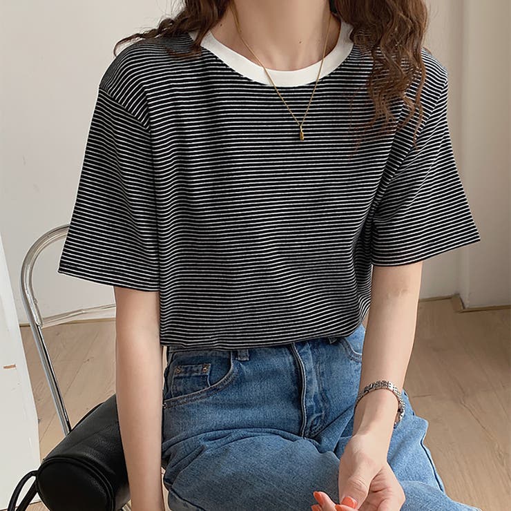 ラウンドネックカラーボーダーTシャツ【韓国ファッション】 | Doula Doula | 詳細画像10 