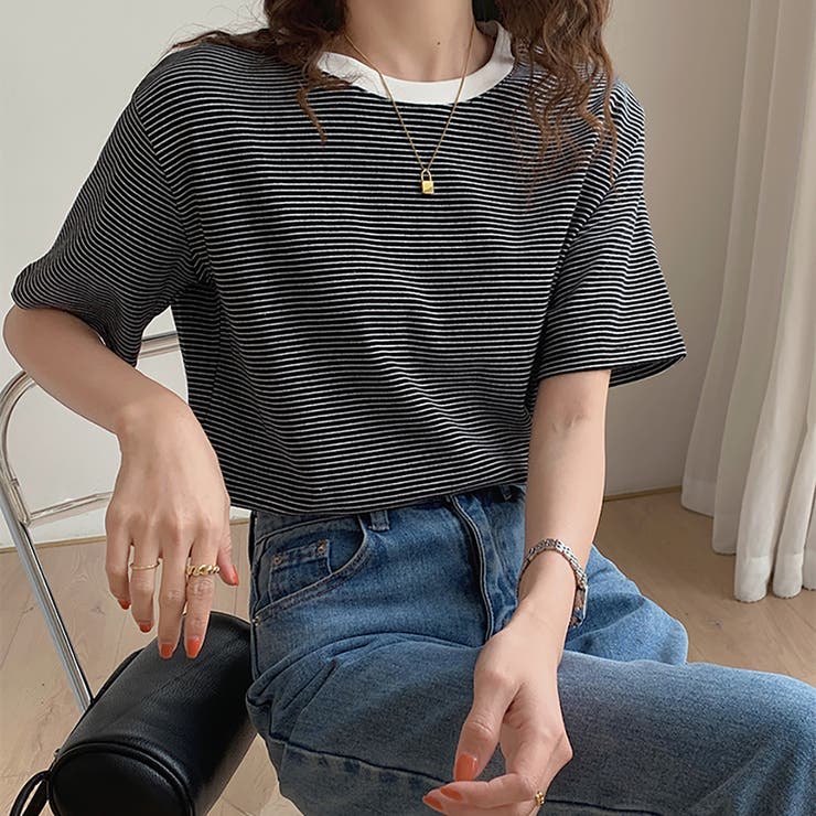 ラウンドネックカラーボーダーTシャツ【韓国ファッション】 | Doula Doula | 詳細画像11 