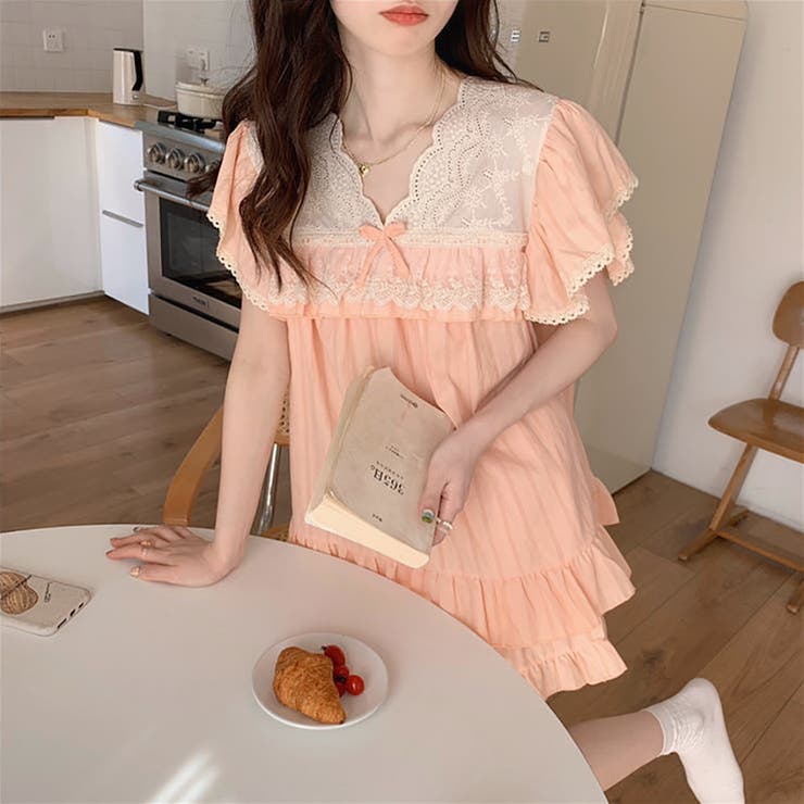 ❤︎イタリアランジェリー Verdissima❤︎コットン パジャマセット パープル コットンダブルガーゼいちごフリルパジャマ セットアップ ルーム