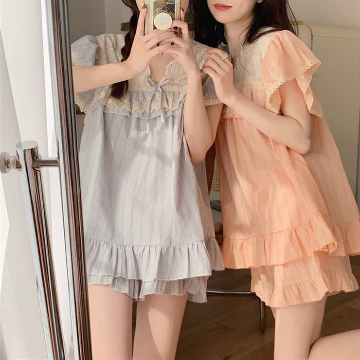 ❤︎イタリアランジェリー Verdissima❤︎コットン パジャマセット パープル コットンダブルガーゼいちごフリルパジャマ セットアップ ルーム