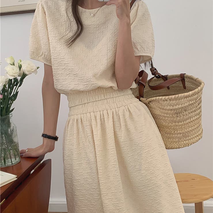 ツーピースセット コットンレースパフスリーブトップス＆フレア  