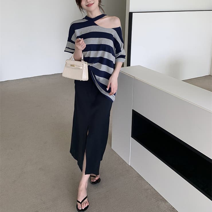 ボーダーズ♡アシンメトリーTEE アシンメトリーネックボーダーTシャツ【韓国ファッション】[品番