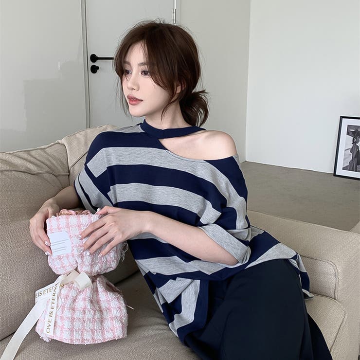 ボーダーズ♡アシンメトリーTEE アシンメトリーネックボーダーTシャツ【韓国ファッション】[品番