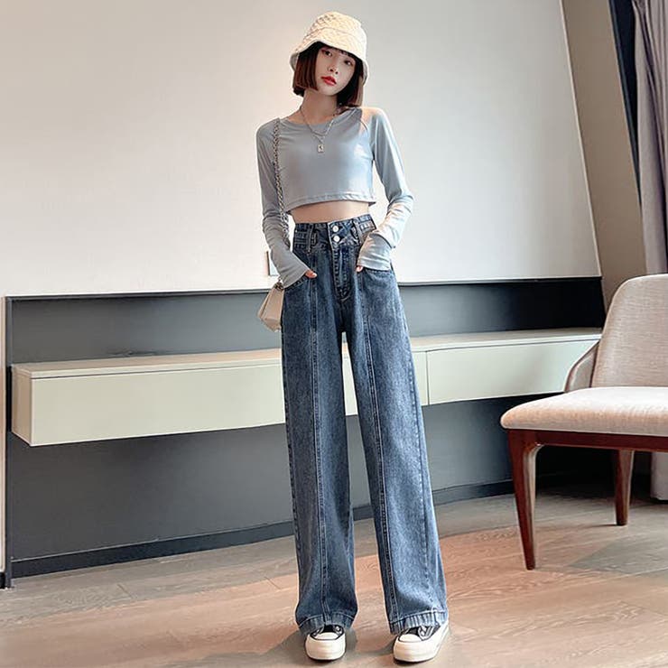 ハイウエストセンターラインワイドデニムパンツ【韓国