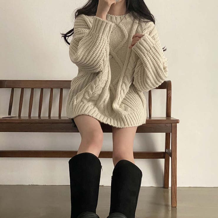 クルーネックケーブルニットセーター【韓国ファッション】[品番