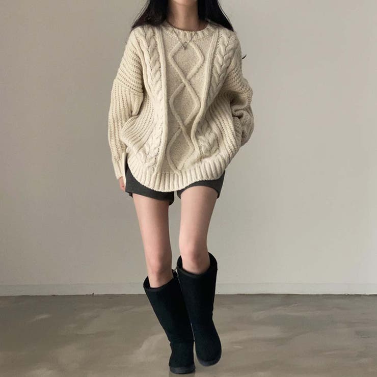 美品❤︎ freckle ウールケーブルニット ショルダースリッド アイボリー クルーネックケーブルニットセーター【韓国ファッション】[品番