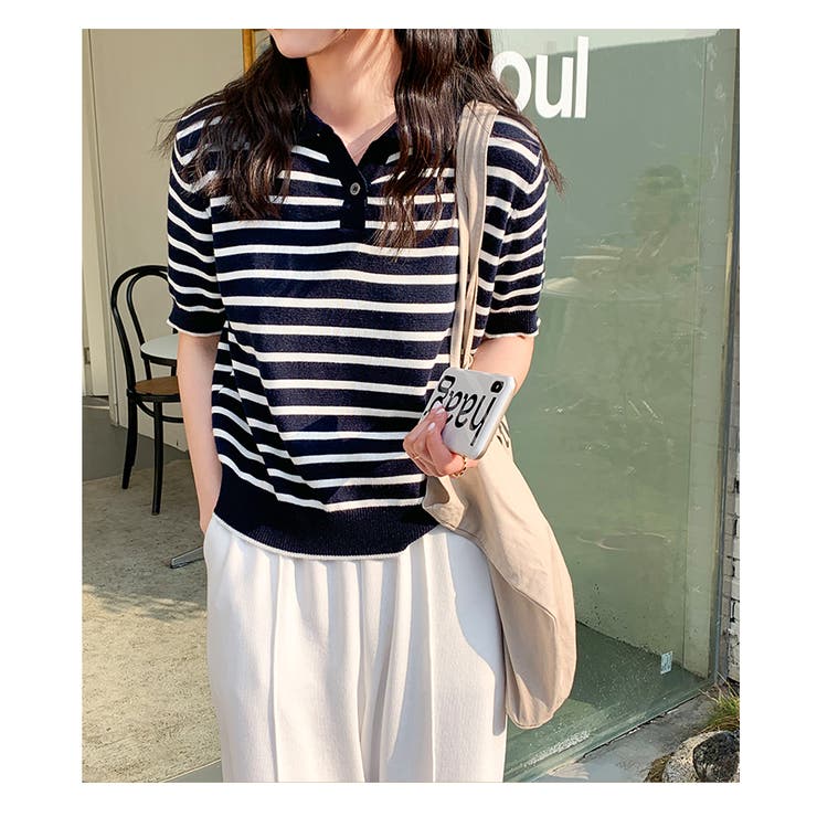 ボーダー半袖ポロシャツ【韓国ファッション】[品番：ZJ000016835