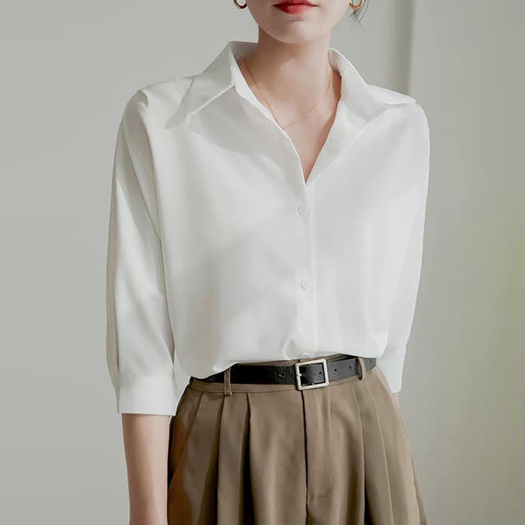 シャツ/ブラウス(長袖/七分) Hdxuly  Knit Bare Top Design Shirt バイカラーブラウス／7分袖／レギュラーカラー／ウォッシャブル