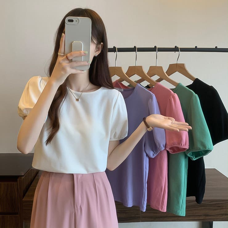 ラウンドネックパフスリーブTシャツ【韓国ファッション】[品番