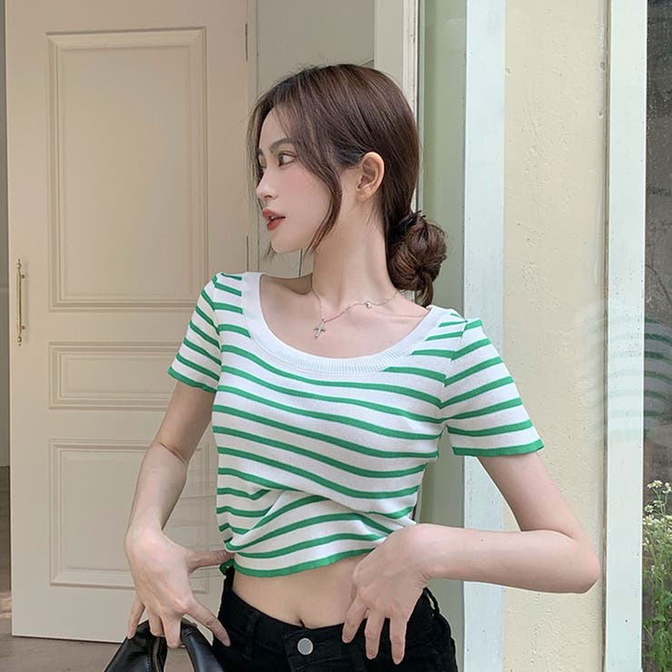 スクエアカラーボーダーサマーニットトップス【韓国ファッション】 | Doula Doula | 詳細画像2 