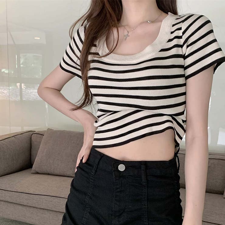 スクエアカラーボーダーサマーニットトップス【韓国ファッション】 | Doula Doula | 詳細画像3 