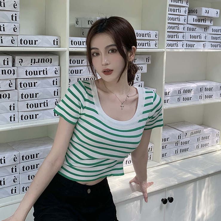 スクエアカラーボーダーサマーニットトップス【韓国ファッション】 | Doula Doula | 詳細画像5 