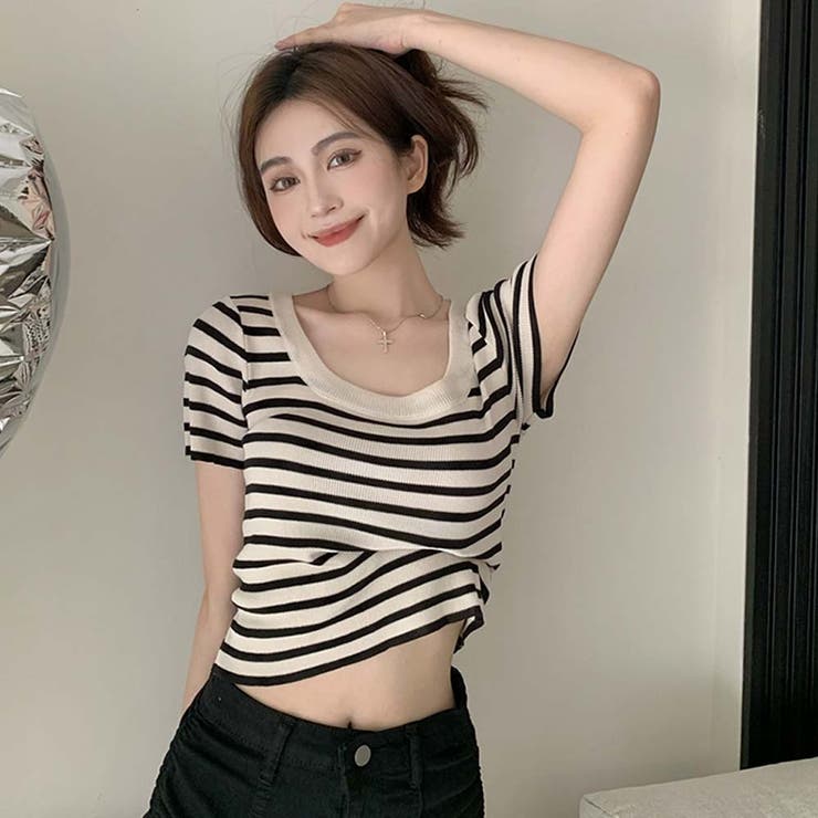 スクエアカラーボーダーサマーニットトップス【韓国ファッション】 | Doula Doula | 詳細画像9 