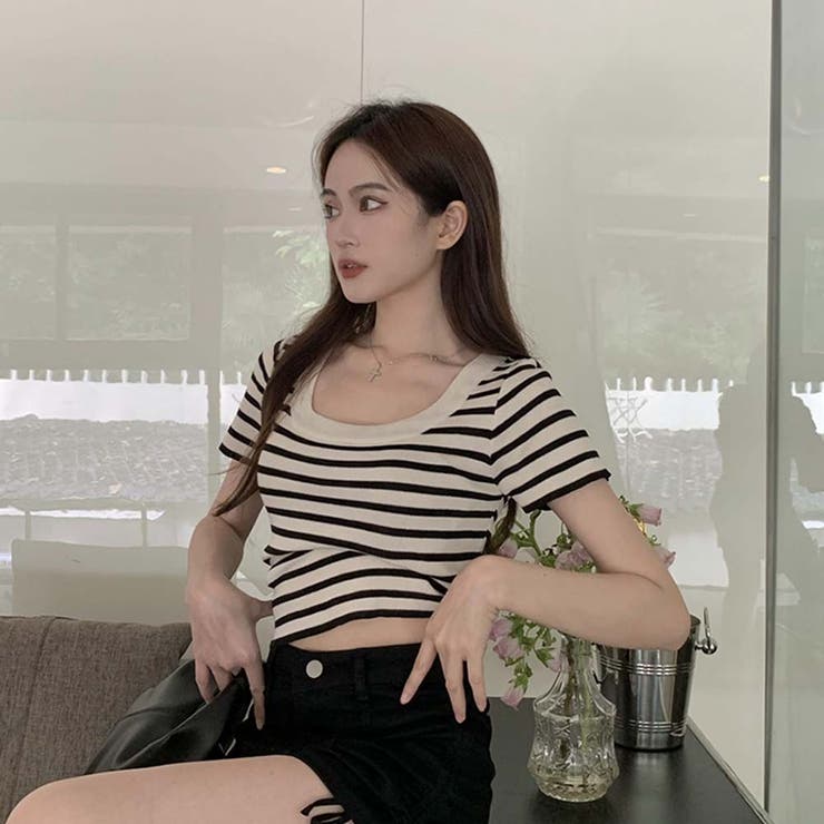 スクエアカラーボーダーサマーニットトップス【韓国ファッション】 | Doula Doula | 詳細画像10 