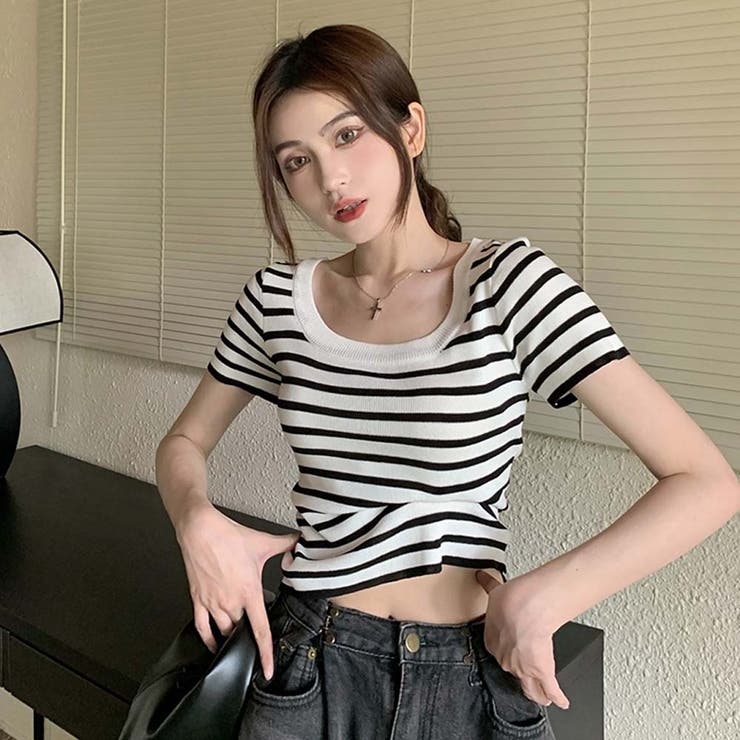 スクエアカラーボーダーサマーニットトップス【韓国ファッション】 | Doula Doula | 詳細画像15 